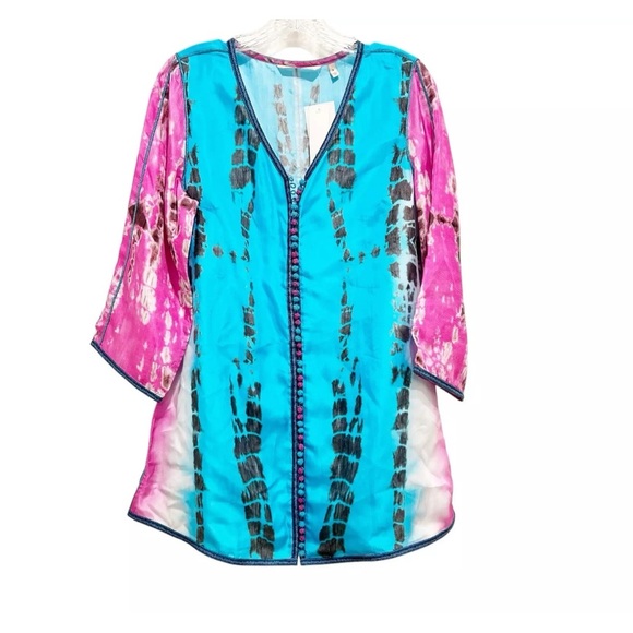 Soft Surroundings Tops - Soft Surroundings Curacao Silk Tunic Size S Blue Pink Tie Dye Knot Button NWT
